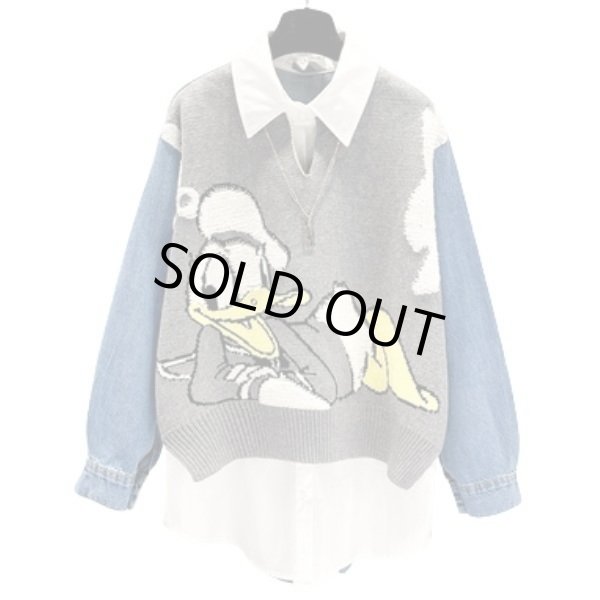 画像1: Women Donald Duck Denim Shirt Vest Layered Sweater ドナルドダック ベスト重ね着風 長袖シャツ付き セーター プルオーバー (1)