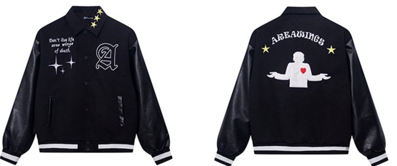 画像2: areawings Letter logo A PU leather sleeve  BASEBALL JACKET baseball uniform jacket blouson  ユニセックス 男女兼 エリアウィング エンブレム レザースリーブ ヒップホップ スタジアムジャンパー スタジャン MA-1 ボンバー ジャケット ブルゾン (2)