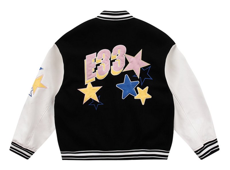 画像2: alphabet & star embroidery PU leather sleeve  BASEBALL JACKET baseball uniform jacket blouson  ユニセックス 男女兼 アルファベットロゴ&スター刺繍 エンブレム レザースリーブ ヒップホップ スタジアムジャンパー スタジャン MA-1 ボンバー ジャケット ブルゾン (2)