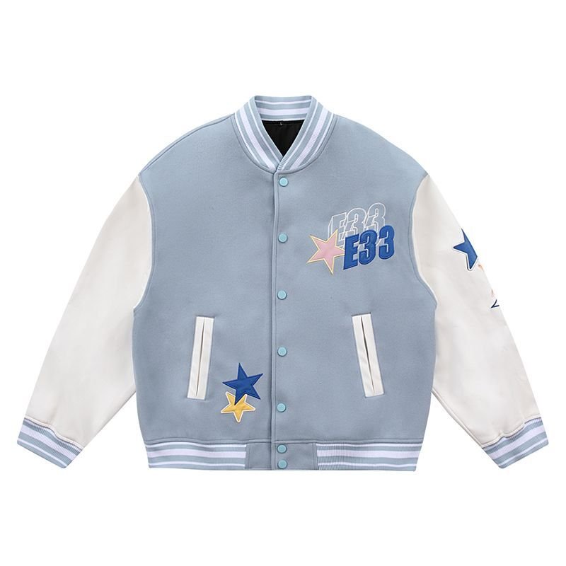 画像8: alphabet & star embroidery PU leather sleeve  BASEBALL JACKET baseball uniform jacket blouson  ユニセックス 男女兼 アルファベットロゴ&スター刺繍 エンブレム レザースリーブ ヒップホップ スタジアムジャンパー スタジャン MA-1 ボンバー ジャケット ブルゾン (8)