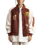 画像1: Maison Emerald Skull & letter logo PU leather sleeve  BASEBALL JACKET baseball uniform jacket blouson  ユニセックス 男女兼 アルファベットロゴ&スカル刺繍 エンブレム レザースリーブ ヒップホップ スタジアムジャンパー スタジャン MA-1 ボンバー ジャケット ブルゾン (1)