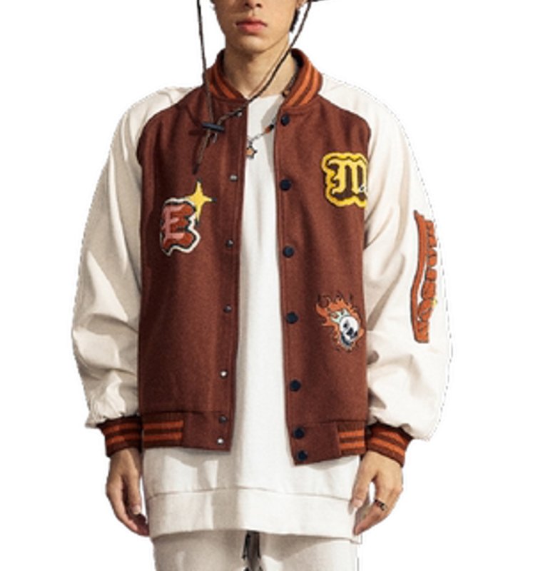 画像1: Maison Emerald Skull & letter logo PU leather sleeve  BASEBALL JACKET baseball uniform jacket blouson  ユニセックス 男女兼 アルファベットロゴ&スカル刺繍 エンブレム レザースリーブ ヒップホップ スタジアムジャンパー スタジャン MA-1 ボンバー ジャケット ブルゾン (1)