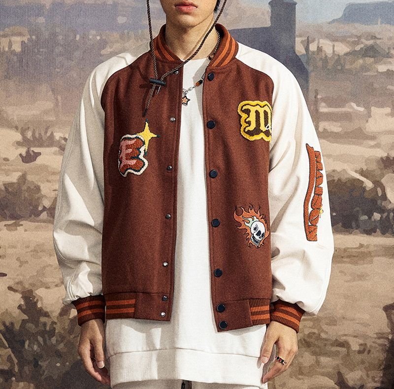 画像4: Maison Emerald Skull & letter logo PU leather sleeve  BASEBALL JACKET baseball uniform jacket blouson  ユニセックス 男女兼 アルファベットロゴ&スカル刺繍 エンブレム レザースリーブ ヒップホップ スタジアムジャンパー スタジャン MA-1 ボンバー ジャケット ブルゾン (4)