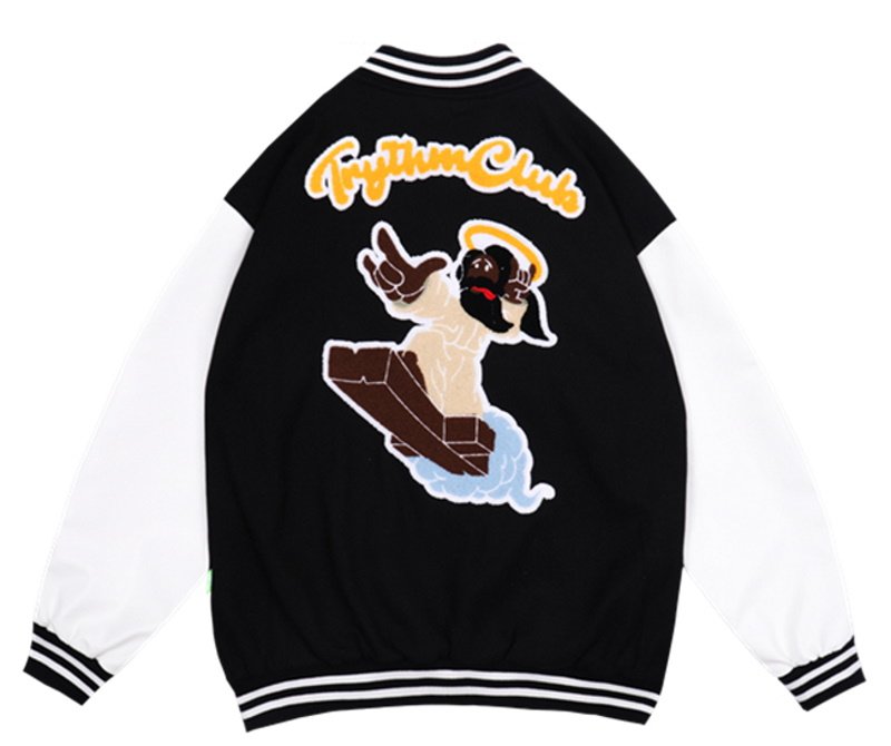 画像2: Cross & Flying embroidery PU leather sleeve  BASEBALL JACKET baseball uniform jacket blouson  ユニセックス 男女兼 クロス &フライング エンブレム レザースリーブ ヒップホップ スタジアムジャンパー スタジャン MA-1 ボンバー ジャケット ブルゾン (2)