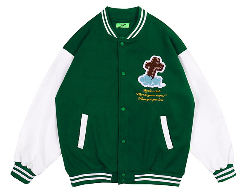 画像4: Cross & Flying embroidery PU leather sleeve  BASEBALL JACKET baseball uniform jacket blouson  ユニセックス 男女兼 クロス &フライング エンブレム レザースリーブ ヒップホップ スタジアムジャンパー スタジャン MA-1 ボンバー ジャケット ブルゾン (4)