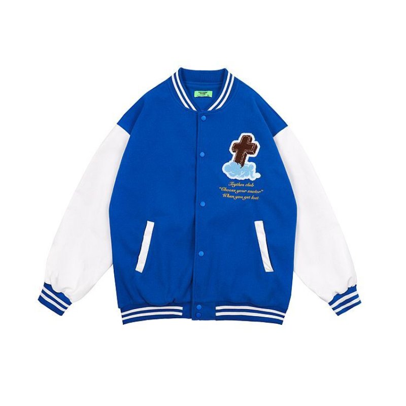画像6: Cross & Flying embroidery PU leather sleeve  BASEBALL JACKET baseball uniform jacket blouson  ユニセックス 男女兼 クロス &フライング エンブレム レザースリーブ ヒップホップ スタジアムジャンパー スタジャン MA-1 ボンバー ジャケット ブルゾン (6)
