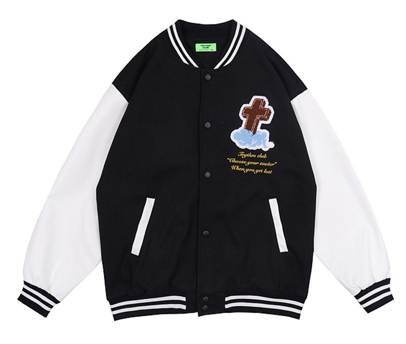 画像5: Cross & Flying embroidery PU leather sleeve  BASEBALL JACKET baseball uniform jacket blouson  ユニセックス 男女兼 クロス &フライング エンブレム レザースリーブ ヒップホップ スタジアムジャンパー スタジャン MA-1 ボンバー ジャケット ブルゾン (5)
