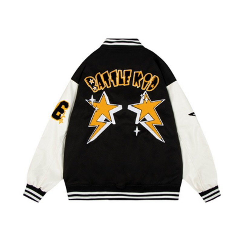 画像2: battle kid embroidery PU leather sleeve  BASEBALL JACKET baseball uniform jacket blouson  ユニセックス 男女兼 バトルキッド エンブレム レザースリーブ ヒップホップ スタジアムジャンパー スタジャン MA-1 ボンバー ジャケット ブルゾン (2)