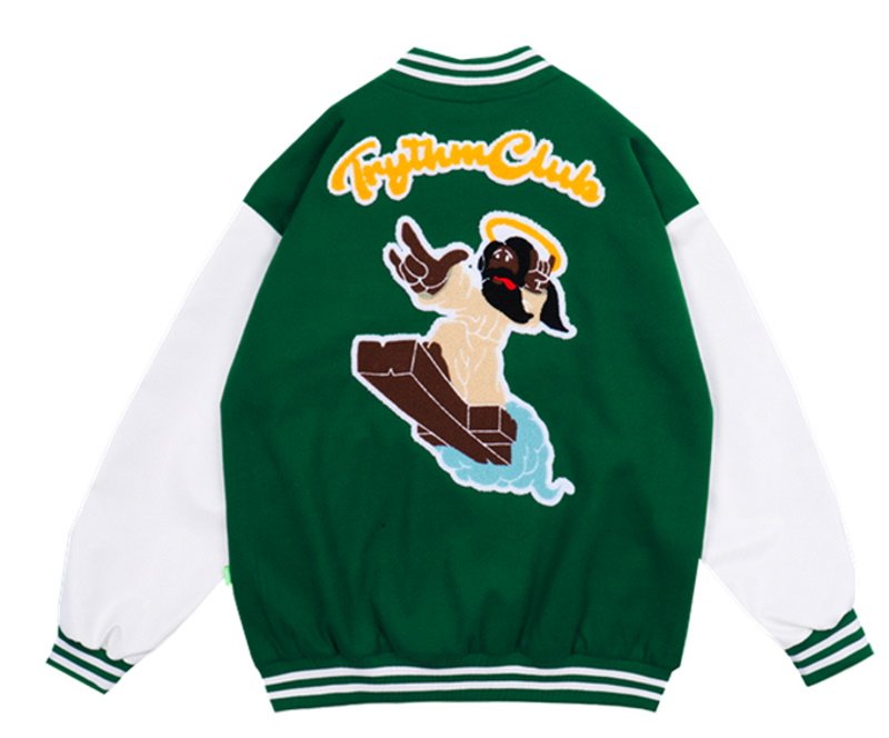 画像1: Cross & Flying embroidery PU leather sleeve  BASEBALL JACKET baseball uniform jacket blouson  ユニセックス 男女兼 クロス &フライング エンブレム レザースリーブ ヒップホップ スタジアムジャンパー スタジャン MA-1 ボンバー ジャケット ブルゾン (1)