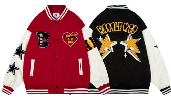 画像1: battle kid embroidery PU leather sleeve  BASEBALL JACKET baseball uniform jacket blouson  ユニセックス 男女兼 バトルキッド エンブレム レザースリーブ ヒップホップ スタジアムジャンパー スタジャン MA-1 ボンバー ジャケット ブルゾン (1)