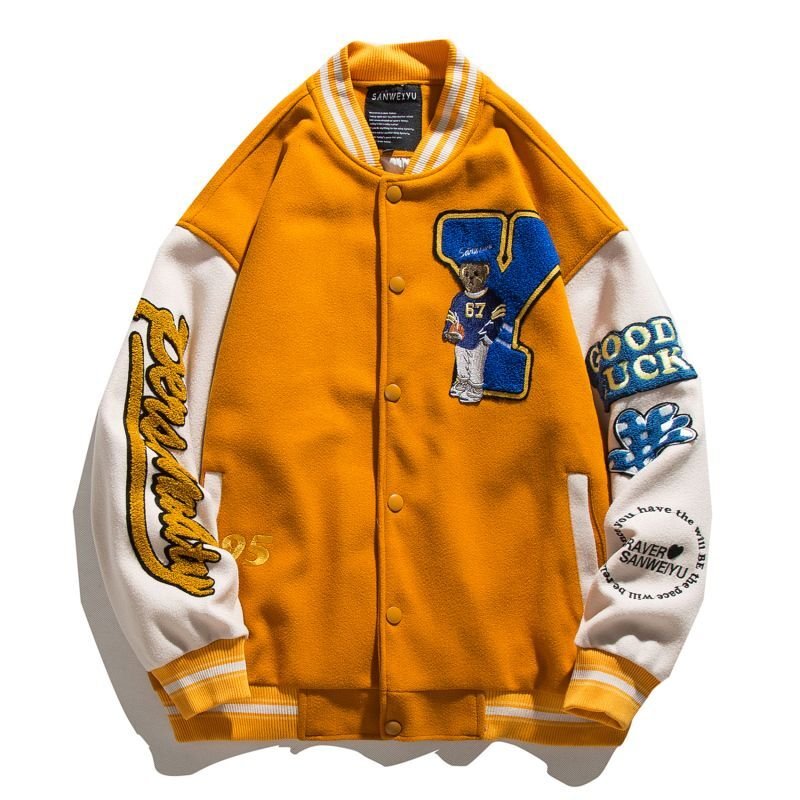 画像2: Industries Flocking Bear  BASEBALL JACKET baseball uniform jacket blouson  ユニセックス 男女兼 用 刺繍 ハイストリートベア 熊エンブレム  ヒップホップ スタジアムジャンパー スタジャン MA-1 ボンバー ジャケット ブルゾン (2)