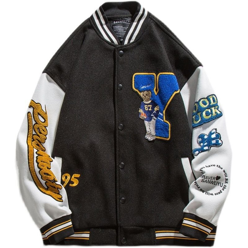 画像3: Industries Flocking Bear  BASEBALL JACKET baseball uniform jacket blouson  ユニセックス 男女兼 用 刺繍 ハイストリートベア 熊エンブレム  ヒップホップ スタジアムジャンパー スタジャン MA-1 ボンバー ジャケット ブルゾン (3)