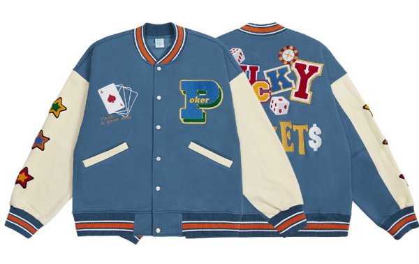 画像1: lucky&playing cards PU leather sleeve  BASEBALL JACKET baseball uniform jacket blouson  ユニセックス 男女兼 用 LUCKY&トランプ エンブレム レザースリーブ ヒップホップ スタジアムジャンパー スタジャン MA-1 ボンバー ジャケット ブルゾン (1)