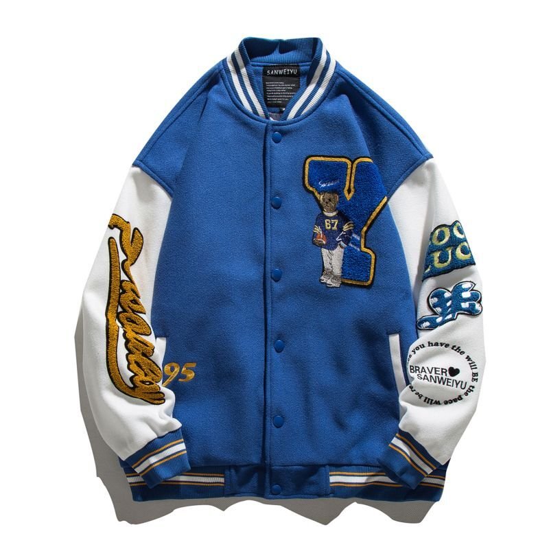 画像1: Industries Flocking Bear  BASEBALL JACKET baseball uniform jacket blouson  ユニセックス 男女兼 用 刺繍 ハイストリートベア 熊エンブレム  ヒップホップ スタジアムジャンパー スタジャン MA-1 ボンバー ジャケット ブルゾン (1)