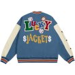 画像2: lucky&playing cards PU leather sleeve  BASEBALL JACKET baseball uniform jacket blouson  ユニセックス 男女兼 用 LUCKY&トランプ エンブレム レザースリーブ ヒップホップ スタジアムジャンパー スタジャン MA-1 ボンバー ジャケット ブルゾン (2)