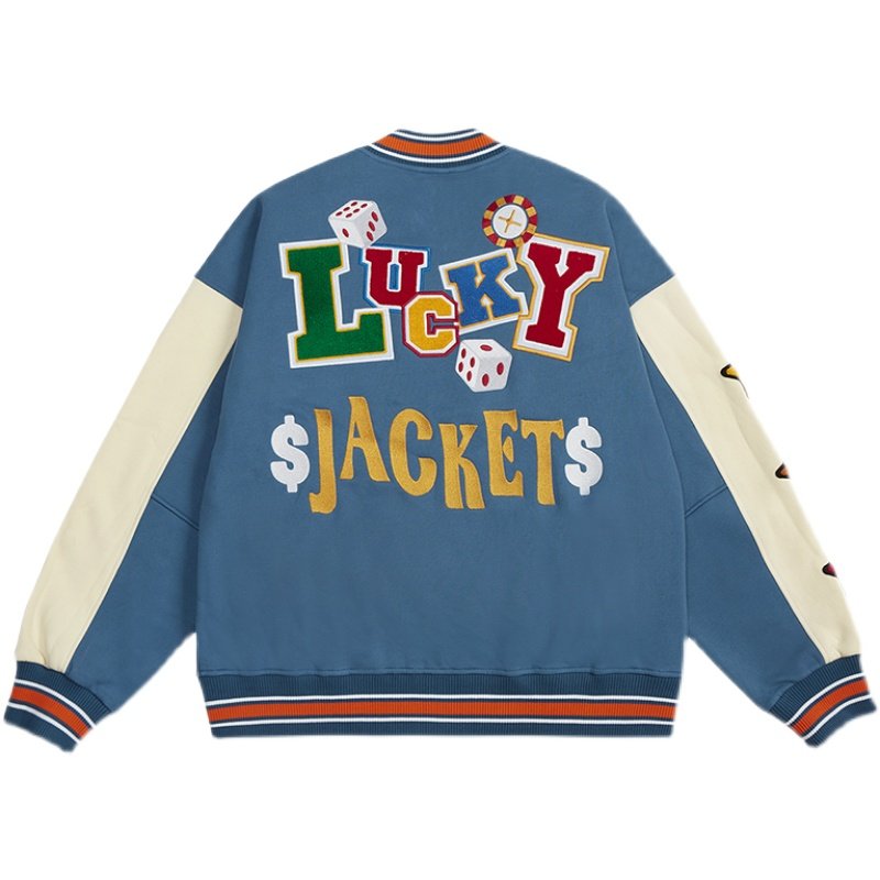 画像2: lucky&playing cards PU leather sleeve  BASEBALL JACKET baseball uniform jacket blouson  ユニセックス 男女兼 用 LUCKY&トランプ エンブレム レザースリーブ ヒップホップ スタジアムジャンパー スタジャン MA-1 ボンバー ジャケット ブルゾン (2)