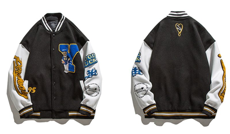 画像6: Industries Flocking Bear  BASEBALL JACKET baseball uniform jacket blouson  ユニセックス 男女兼 用 刺繍 ハイストリートベア 熊エンブレム  ヒップホップ スタジアムジャンパー スタジャン MA-1 ボンバー ジャケット ブルゾン (6)