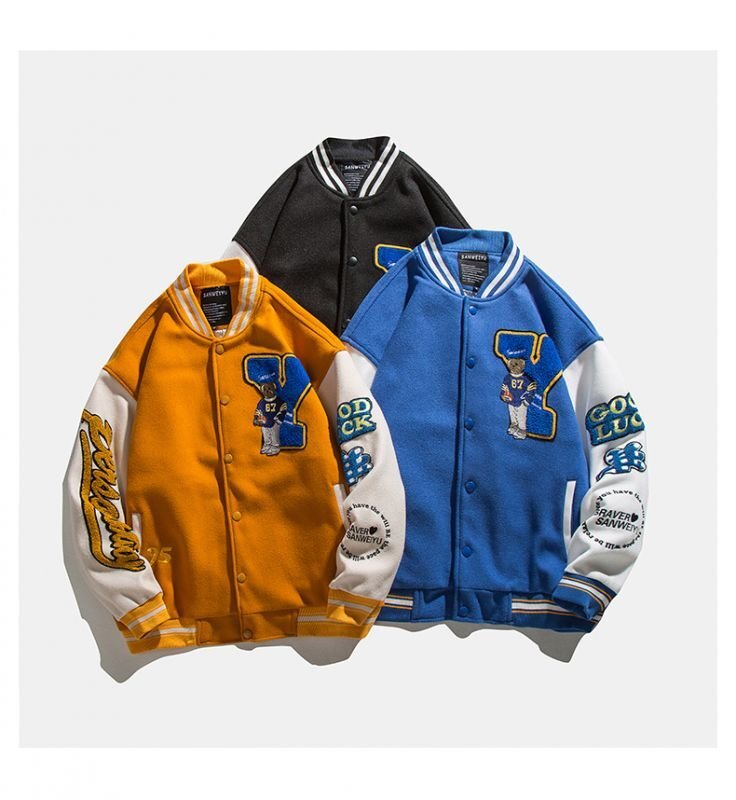 画像7: Industries Flocking Bear  BASEBALL JACKET baseball uniform jacket blouson  ユニセックス 男女兼 用 刺繍 ハイストリートベア 熊エンブレム  ヒップホップ スタジアムジャンパー スタジャン MA-1 ボンバー ジャケット ブルゾン (7)