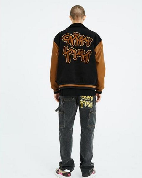 画像2: puzzle stitching  Sleeve leather BASEBALL JACKET baseball uniform jacket blouson  ユニセックス 男女兼用パズルステッチチング 刺繍 エンブレム  ヒップホップ スタジアムジャンパー スタジャン MA-1 ボンバー ジャケット ブルゾン (2)