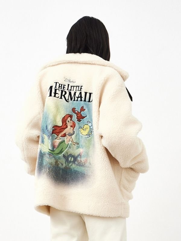 画像10: The Little Mermaid printed stand-up collar imitation lamb wool coat jacket 　リトルマーメイドプリントエコファー ジャケット コート (10)