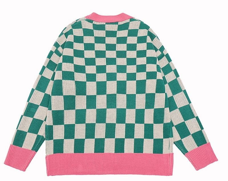 画像5: Unisex Damier lattice check V-neck cardigan sweater　男女兼用 ユニセックス ダミエ チェック柄 Vネックカーディガン セーター  (5)