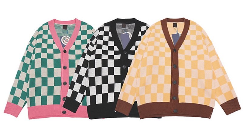 画像4: Unisex Damier lattice check V-neck cardigan sweater　男女兼用 ユニセックス ダミエ チェック柄 Vネックカーディガン セーター  (4)