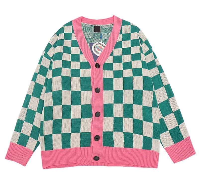 画像1: Unisex Damier lattice check V-neck cardigan sweater　男女兼用 ユニセックス ダミエ チェック柄 Vネックカーディガン セーター  (1)