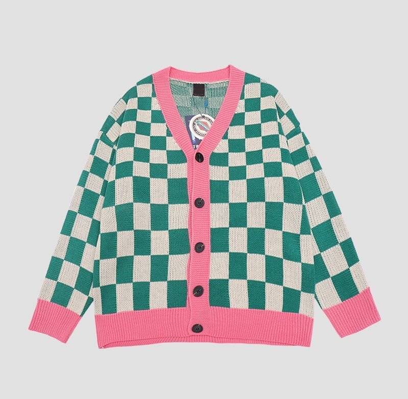 画像8: Unisex Damier lattice check V-neck cardigan sweater　男女兼用 ユニセックス ダミエ チェック柄 Vネックカーディガン セーター  (8)