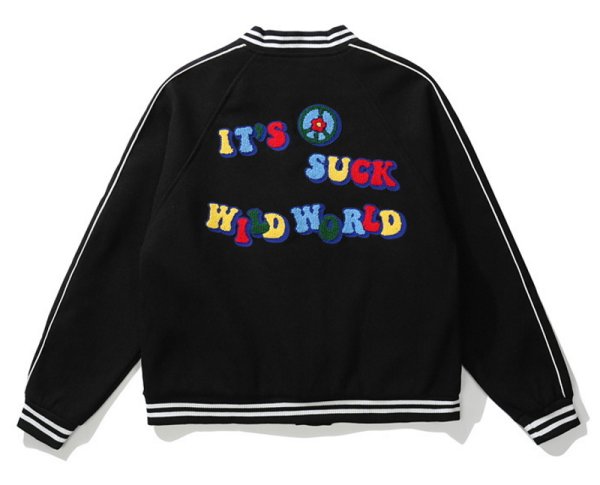 画像1: it's suck wild world emblem BASEBALL JACKET baseball uniform jacket blouson  ユニセックス 男女兼用  it's suck wild worldロゴ&フラワー エンブレム  ヒップホップ スタジアムジャンパー スタジャン MA-1 ボンバー ジャケット ブルゾン (1)