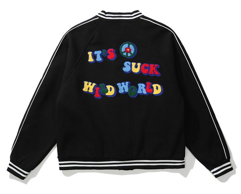 画像1: it's suck wild world emblem BASEBALL JACKET baseball uniform jacket blouson  ユニセックス 男女兼用  it's suck wild worldロゴ&フラワー エンブレム  ヒップホップ スタジアムジャンパー スタジャン MA-1 ボンバー ジャケット ブルゾン (1)
