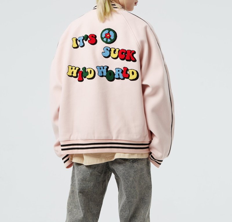 画像8: it's suck wild world emblem BASEBALL JACKET baseball uniform jacket blouson  ユニセックス 男女兼用  it's suck wild worldロゴ&フラワー エンブレム  ヒップホップ スタジアムジャンパー スタジャン MA-1 ボンバー ジャケット ブルゾン (8)