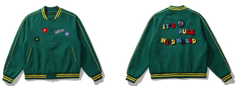 画像5: it's suck wild world emblem BASEBALL JACKET baseball uniform jacket blouson  ユニセックス 男女兼用  it's suck wild worldロゴ&フラワー エンブレム  ヒップホップ スタジアムジャンパー スタジャン MA-1 ボンバー ジャケット ブルゾン (5)