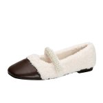 画像1: women's Lamb fur & pearl strap flat pumps 　ファー&パールストラップ フラットパンプス シューズ　 (1)