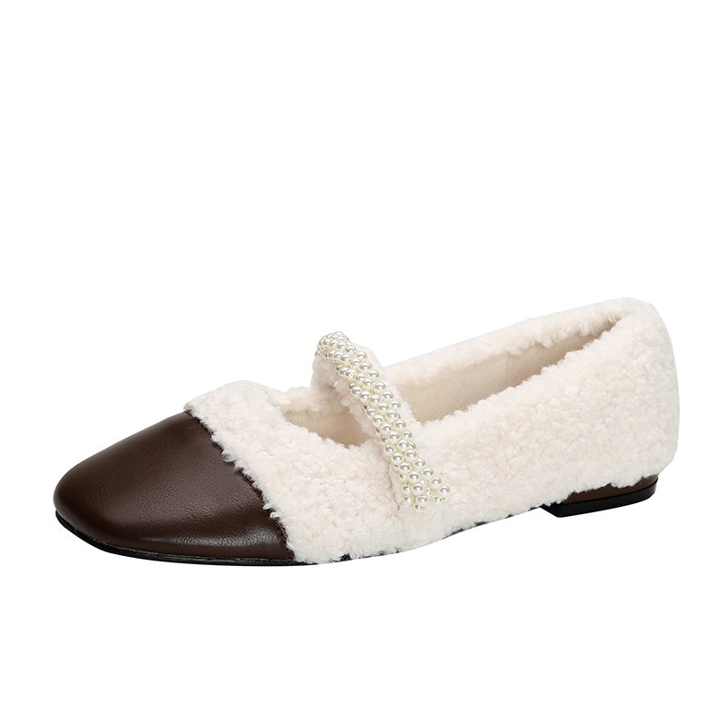 画像1: women's Lamb fur & pearl strap flat pumps 　ファー&パールストラップ フラットパンプス シューズ　 (1)