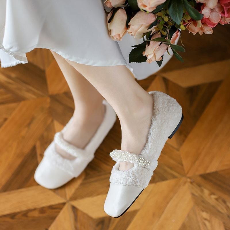 画像6: women's Lamb fur & pearl strap flat pumps  ファー&パールストラップ フラットパンプス シューズ  (6)