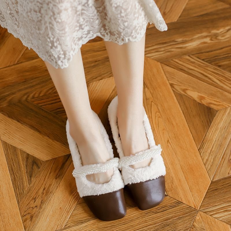 画像5: women's Lamb fur & pearl strap flat pumps  ファー&パールストラップ フラットパンプス シューズ  (5)