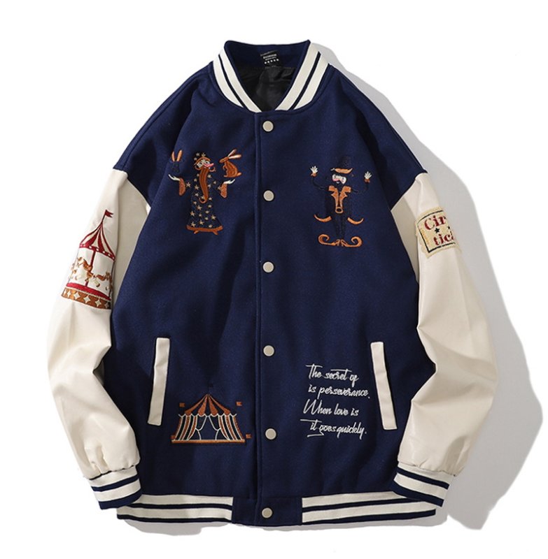 画像2: Circus embroidery BASEBALL JACKET baseball uniform jacket blouson  ユニセックス 男女兼用サーカス団刺繍 エンブレム  ヒップホップ スタジアムジャンパー スタジャン MA-1 ボンバー ジャケット ブルゾン (2)