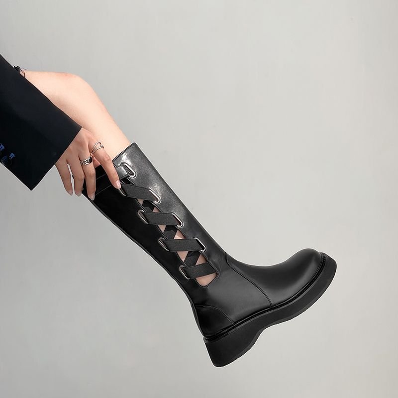 画像3:  women's lace-up elastic band thick-soled boots Martin boots レザーエラスティックベルト ブーツ マーティンブーツ (3)