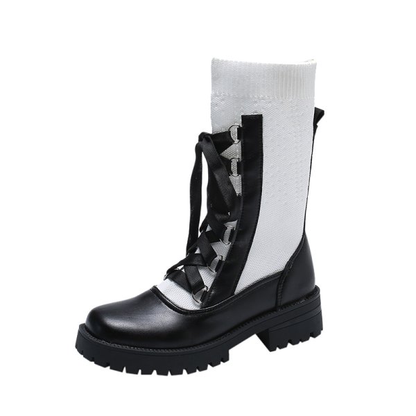 画像1:  women's lace-up socks boots Martin boots　レザーレースアップソックスブーツ ニット マーティンブーツ (1)