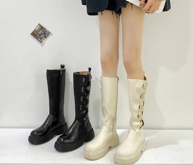 画像4:  women's lace-up elastic band thick-soled boots Martin boots レザーエラスティックベルト ブーツ マーティンブーツ (4)