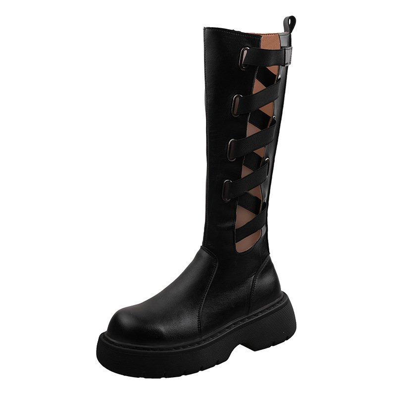 画像6:  women's lace-up elastic band thick-soled boots Martin boots レザーエラスティックベルト ブーツ マーティンブーツ (6)