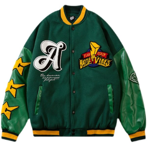 画像1: FLASH COLOR BATTLE V IBES ROGO BASEBALL JACKET baseball uniform jacket blouson  ユニセックス 男女兼用バトルV エンブレム  ヒップホップ スタジアムジャンパー スタジャン MA-1 ボンバー ジャケット ブルゾン (1)