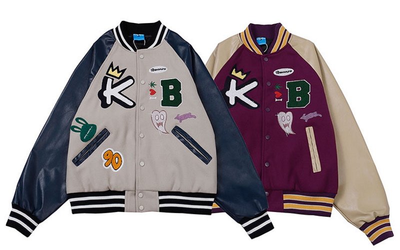 画像5: Comic contrast color leather sleeve BASEBALL JACKET baseball uniform jacket blouson  ユニセックス 男女兼用 コミック エンブレム  ヒップホップ スタジアムジャンパー スタジャン MA-1 ボンバー ジャケット ブルゾン (5)