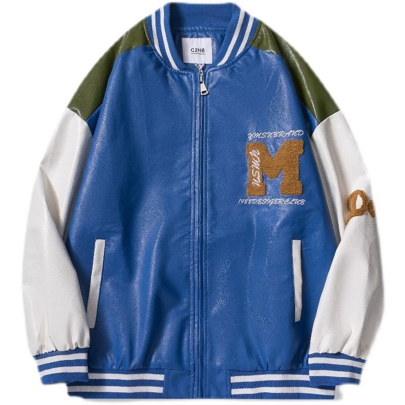 画像2: Leather letter logo embroidery BASEBALL JACKET baseball uniform jacket blouson  ユニセックス 男女兼用 レザー レターロゴ刺繡 スタジアムジャンパー スタジャン MA-1 ボンバー ジャケット ブルゾン (2)