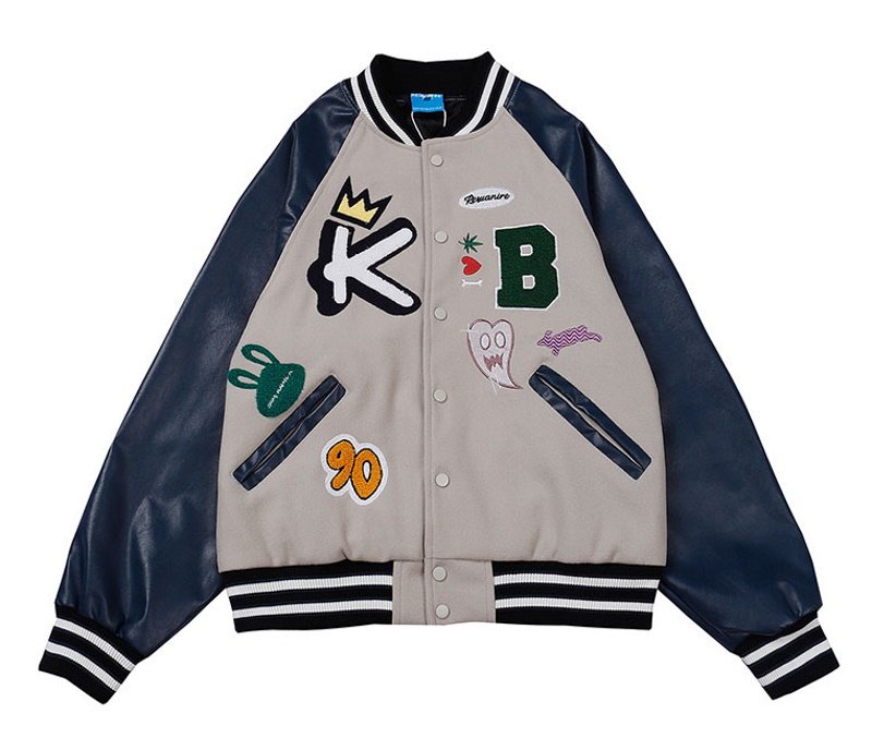画像6: Comic contrast color leather sleeve BASEBALL JACKET baseball uniform jacket blouson  ユニセックス 男女兼用 コミック エンブレム  ヒップホップ スタジアムジャンパー スタジャン MA-1 ボンバー ジャケット ブルゾン (6)