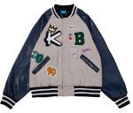 画像1: Comic contrast color leather sleeve BASEBALL JACKET baseball uniform jacket blouson  ユニセックス 男女兼用 コミック エンブレム  ヒップホップ スタジアムジャンパー スタジャン MA-1 ボンバー ジャケット ブルゾン (1)