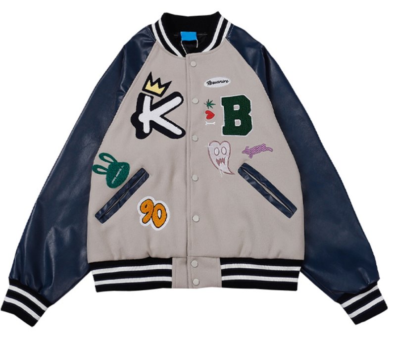 画像1: Comic contrast color leather sleeve BASEBALL JACKET baseball uniform jacket blouson  ユニセックス 男女兼用 コミック エンブレム  ヒップホップ スタジアムジャンパー スタジャン MA-1 ボンバー ジャケット ブルゾン (1)
