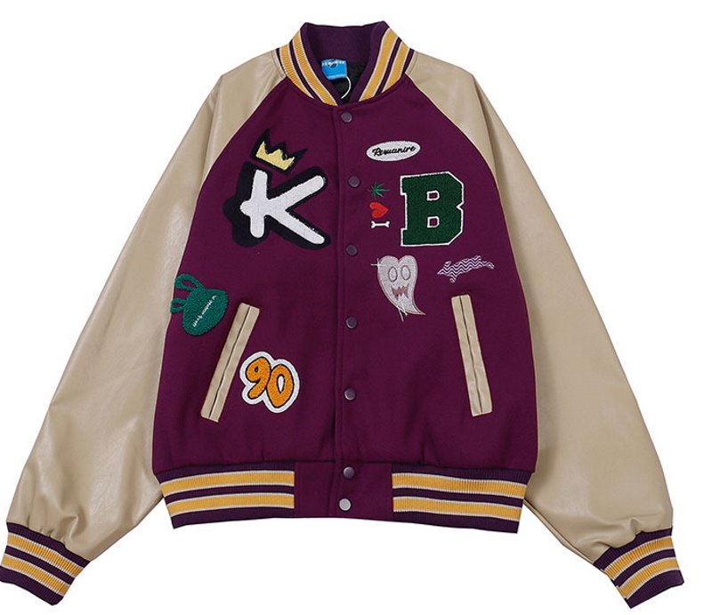 画像2: Comic contrast color leather sleeve BASEBALL JACKET baseball uniform jacket blouson  ユニセックス 男女兼用 コミック エンブレム  ヒップホップ スタジアムジャンパー スタジャン MA-1 ボンバー ジャケット ブルゾン (2)