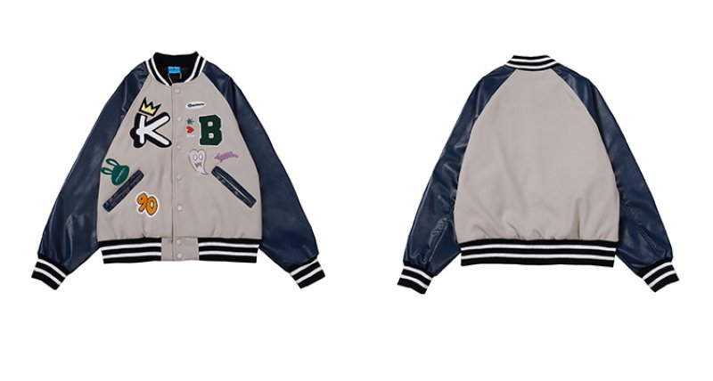 画像3: Comic contrast color leather sleeve BASEBALL JACKET baseball uniform jacket blouson  ユニセックス 男女兼用 コミック エンブレム  ヒップホップ スタジアムジャンパー スタジャン MA-1 ボンバー ジャケット ブルゾン (3)
