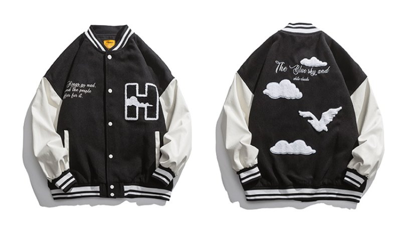 画像6: H mark seagull embroidery BASEBALL JACKET baseball uniform jacket blouson  ユニセックス 男女兼用 Hマーク&カモメ刺繡 スタジアムジャンパー スタジャン MA-1 ボンバー ジャケット ブルゾン (6)